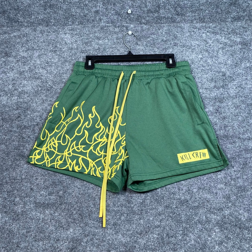 Kill Crew Mens Green Yellow Flame Mesh Athletic Gym Shorts Size L